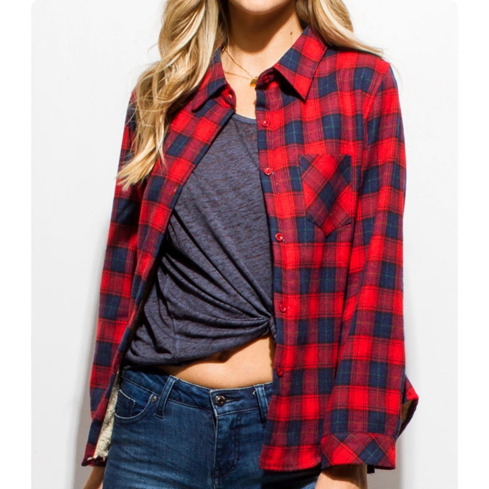 Red Sherpa Lined Flannel Plaid Shirt Jacket Top - Picture 3 of 8